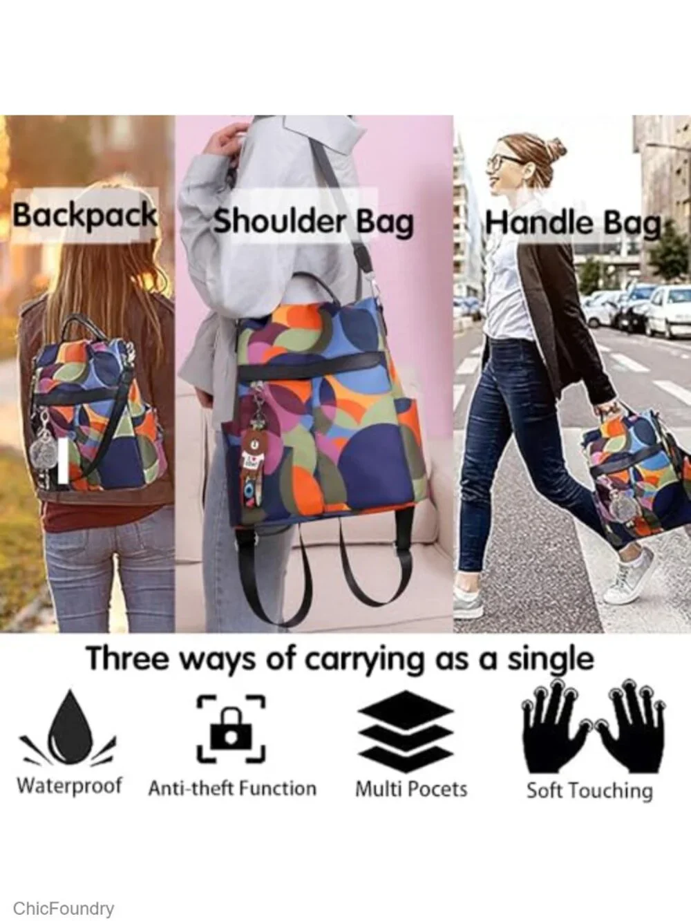 Anti-Theft Convertible Backpack Purse for Women, Water-Resistant Oxford Fabric,